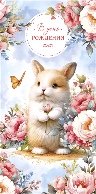 Конверт для денег. В день рождения. Кролик с цветком