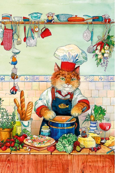 Открытка. Кот и мышата на кухне