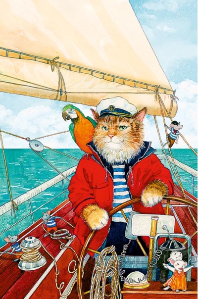 Открытка. Кот-капитан и мышата