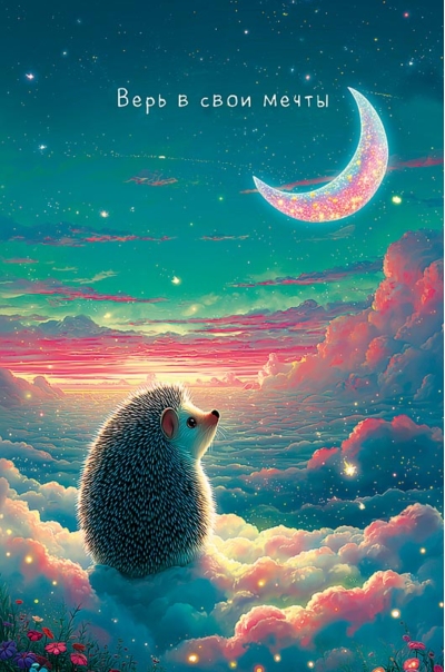 Открытка. Верь в свои мечты. Ежик в облаках
