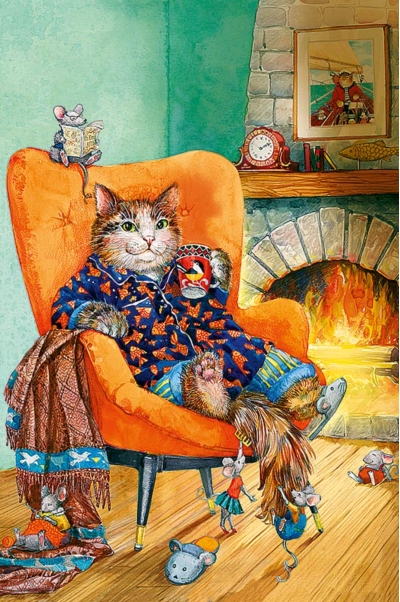 Открытка. Кот и мышата у камина